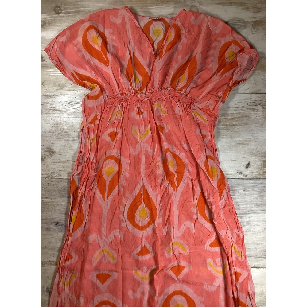 Sheridan French Pink Orange Ikat Peacock Maxi Dress Smocked Waist Womens Size 0